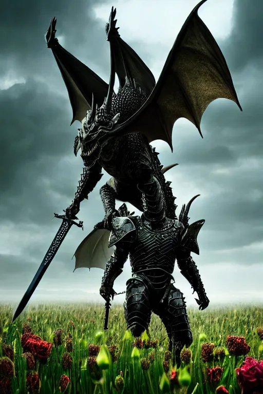 Prompt: hyperrealistic neo - gothic cinematic armored dragon holding sword in a field of flowers, highly detailed video game concept art masterpiece, vitaly bulgarov dramatic low light, ground angle uhd 8 k, sharp focus