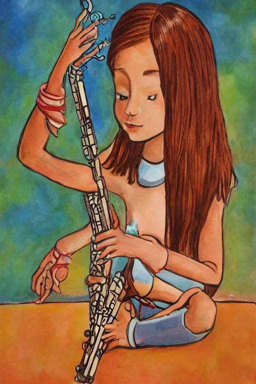 Prompt: Portrait of an alien girl playing the flute