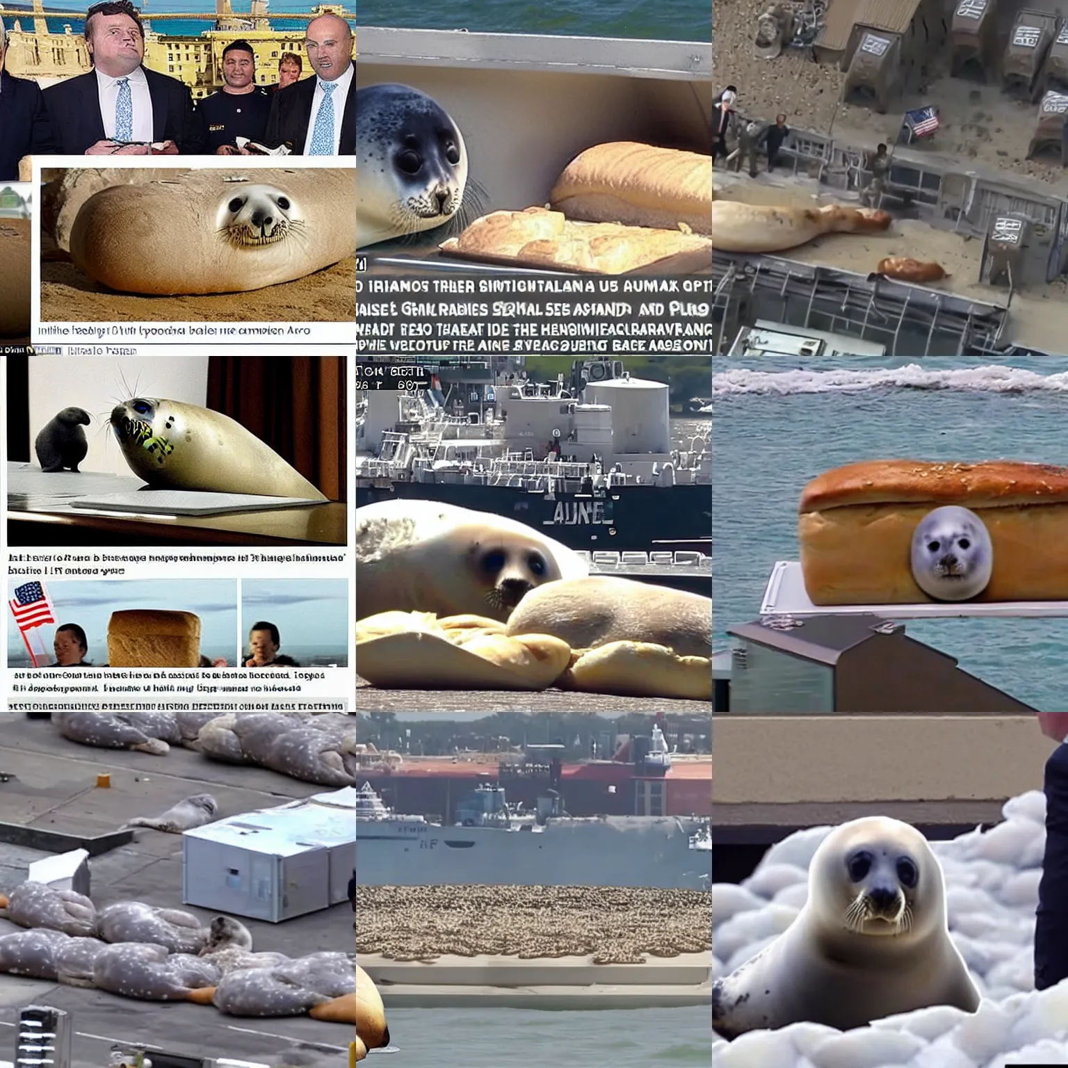 Prompt: explosions in the background while a baby seal disguised as a loaf of bread seizes nuclear documents!!!! from mar - a - lago, high quality camera footage from a rooftop