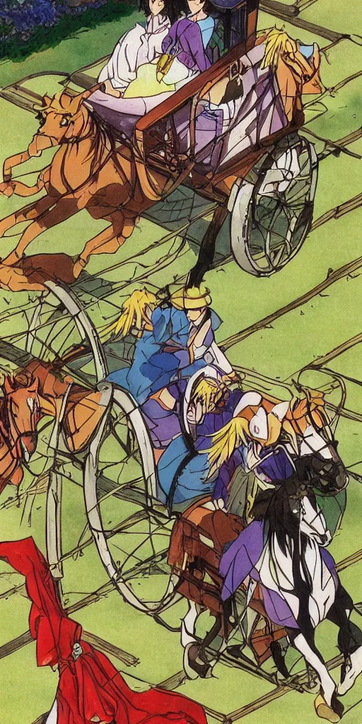 Image similar to a chariot drawn by horse in japan, 1990s anime, full color,