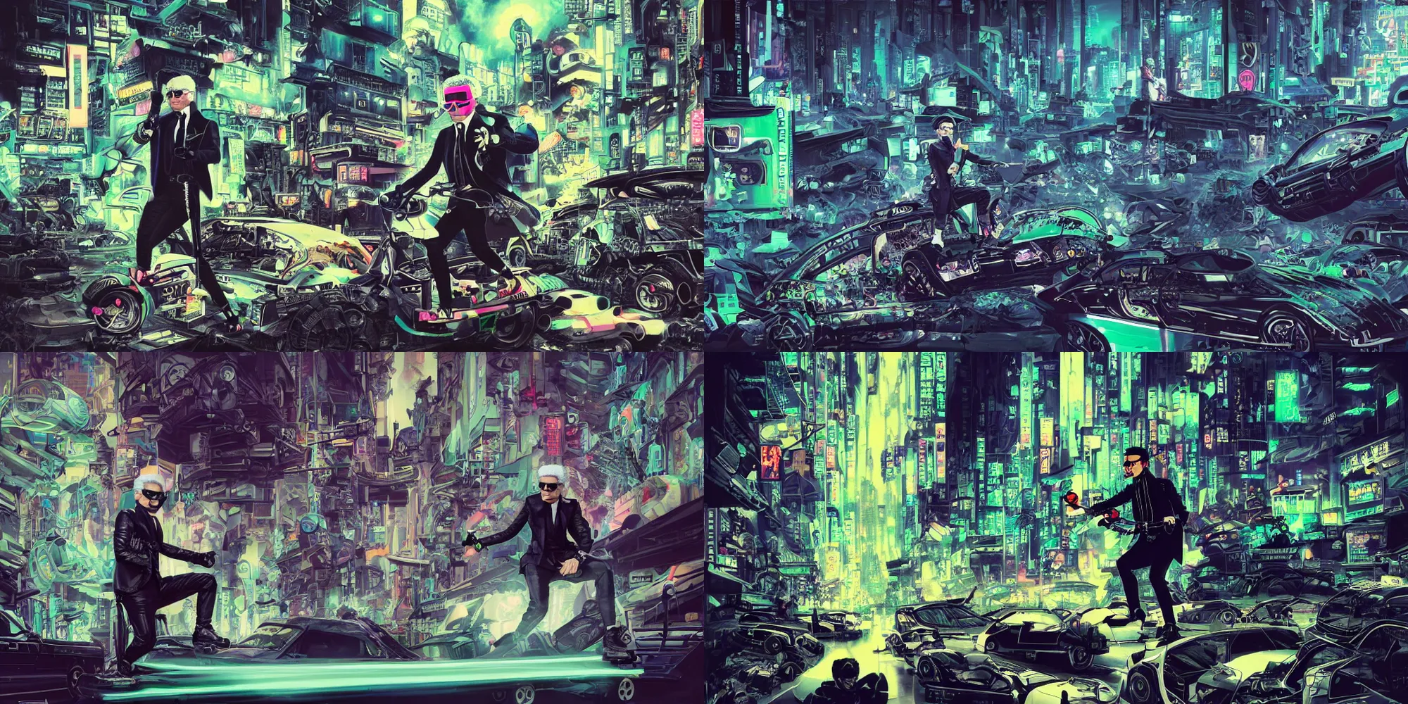 Prompt: Karl Lagerfeld riding a hover board through a futuristic neo-Tokyo junkyard + black layered paper + end of the world theme + elements + dark blue and green tones + neon + baroque + rococco + white + ink + marc simonetti, craig mullins, peter mohrbacher, michael whelan, detailed, intricate ink illustration, cinematic, mucha