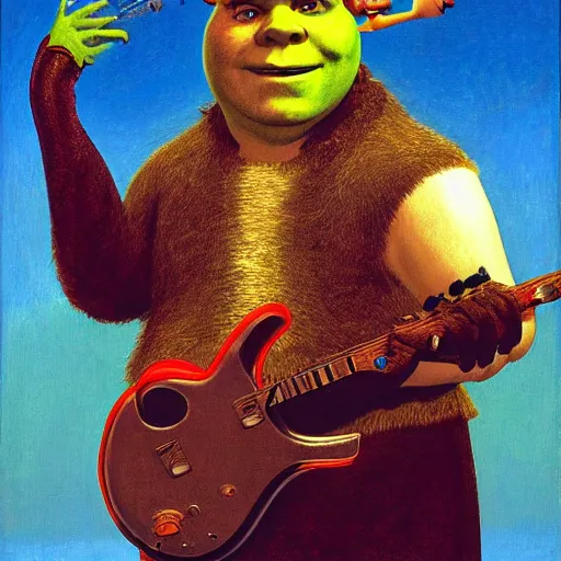 Prompt: Portrait of Jack Black dressed as Shrek, playing Electric Guitar, with beautiful exotic robot. Painting by Jan van Eyck, Audubon, Rene Magritte, Agnes Pelton, Max Ernst, Walton Ford