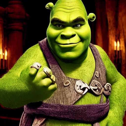 Image similar to promotional image of shrek as a pirate in Pirates of the Caribbean: The Curse of the Black Pearl (2003 film), detailed face, movie still, promotional image, imax 70 mm footage