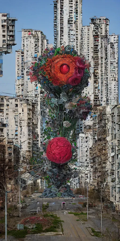 Prompt: giant grotesque flower in the middle of abandoned post soviet constructivist cityscape, ultradetailed by Josan Gonzalez and Giuseppe Arcimboldo