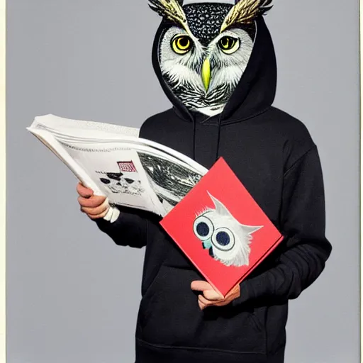 Prompt: anthropomorphic owl in a hoodie, holding a magazine, 9 0 - s fashion, polaroid photo, by warhol,