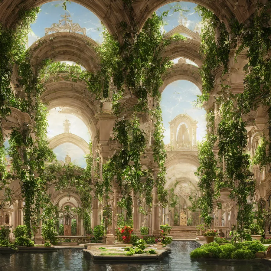 Image similar to beautiful cathedral interior with koi pond in the middle surrounded by palm trees, ivy, flowers, tropical plants, roses, and with archways, rendered in octane render with photorealistic volumetric lighting, cinematic,!! horizontal symmetry!!, a flemish baroque by thomas cole, sanctuary, unsplash contest winner, maximalism, sanctuary