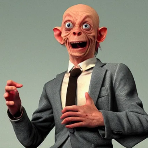 Image similar to photo of gollum from lord of the rings, wearing a suit, giving a presentation in a formal business meeting,