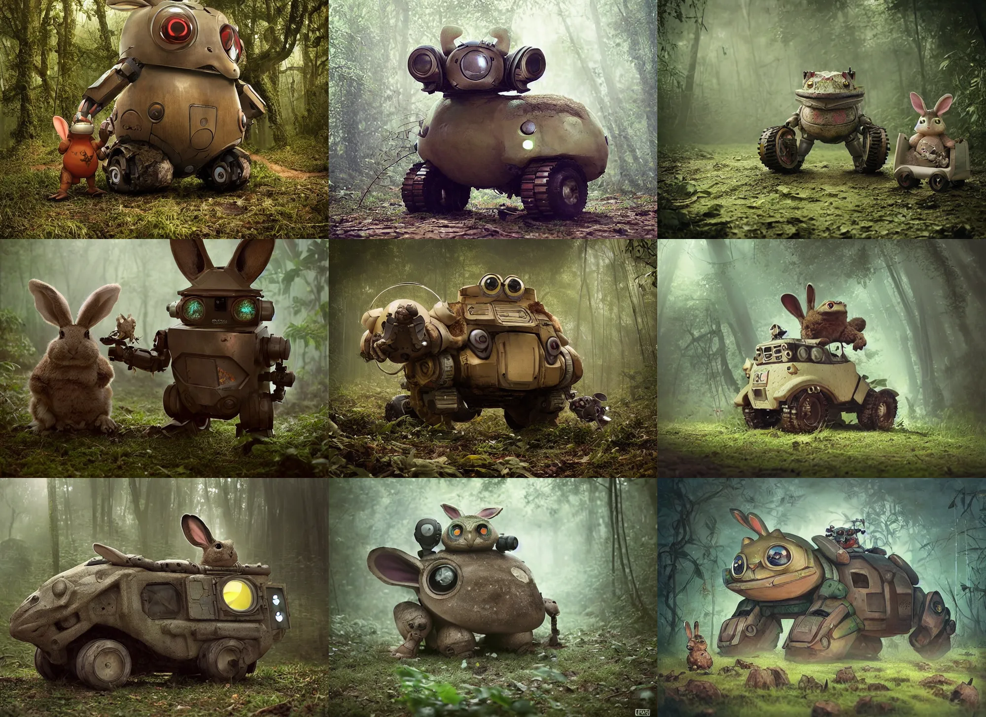 Prompt: oversized battle toad robot chubby fatmech trailer wheels vehicle with big ears! with rabbit! and owl! sitting inside, in jungle forest peak, full body, nighttime, cinematic focus, polaroid photo, vintage, neutral dull colors, soft lights, foggy, overcast by oleg oprisco, by thomas peschak, by discovery channel, by victor enrich, by gregory crewdson