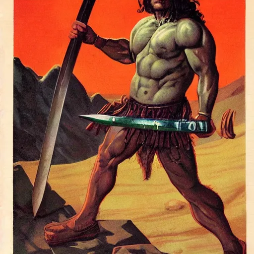 Prompt: muscular barbarian holding a giant sword on mars science fiction pulp