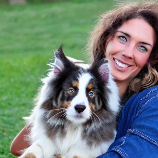 Image similar to australian shepherd cuddling with a maine coon