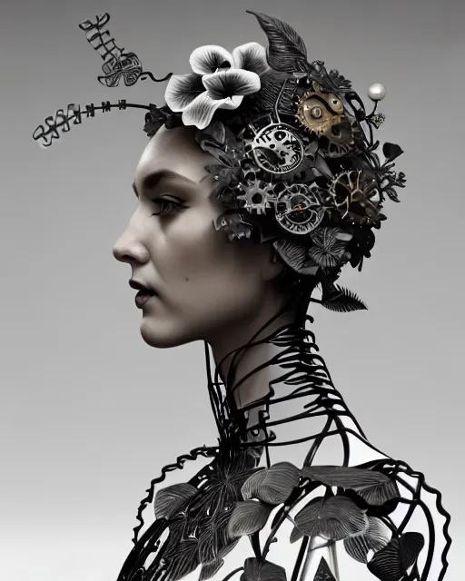 Image similar to monochrome 3 d model, 1 9 4 0 picture, floral metal steampunk biomechanical beautiful young female cyborg with porcelain profile face and a techno eye, volumetric light, leaves foliage and stems, hibiscus flowers, sinuous fine roots, fine foliage lace, alexander mcqueen, rim light, big gothic fashion pearl embroidered collar, octane render, 8 k