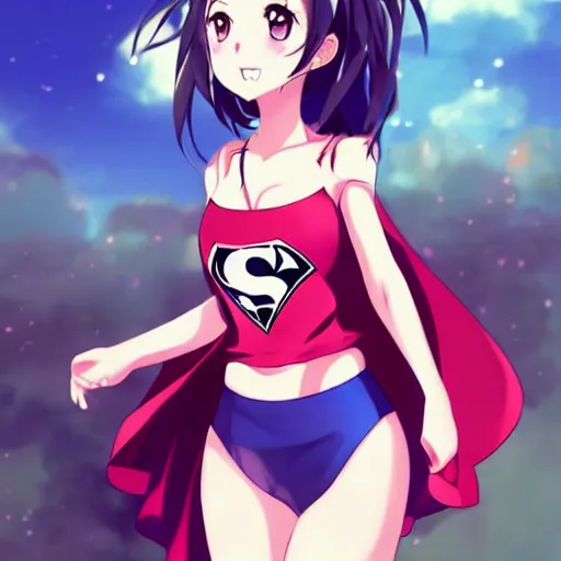 Image similar to very very very beautiful woman in her 20s anime dream girl wearing a superhero miniskirt, exposed midriff, full body portrait, smiling, flirty, eye contact, perfect body, perfect face, drawn by artgerm