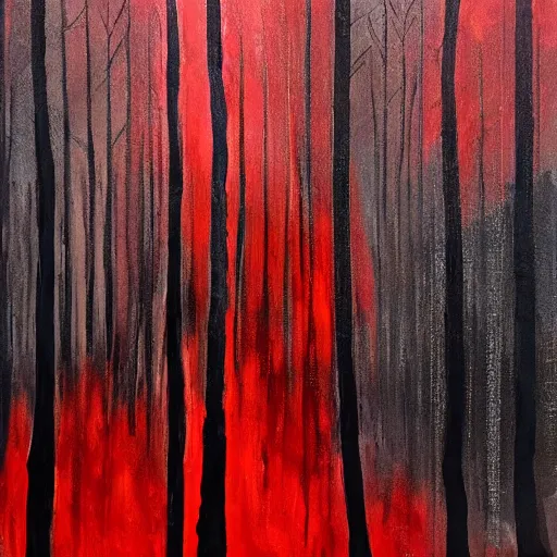 Image similar to a nightmarish creature in a dark forest with tall creepy trees, horrifying, black and red colours, wispy fog, ominous, accented paint strokes, detailed