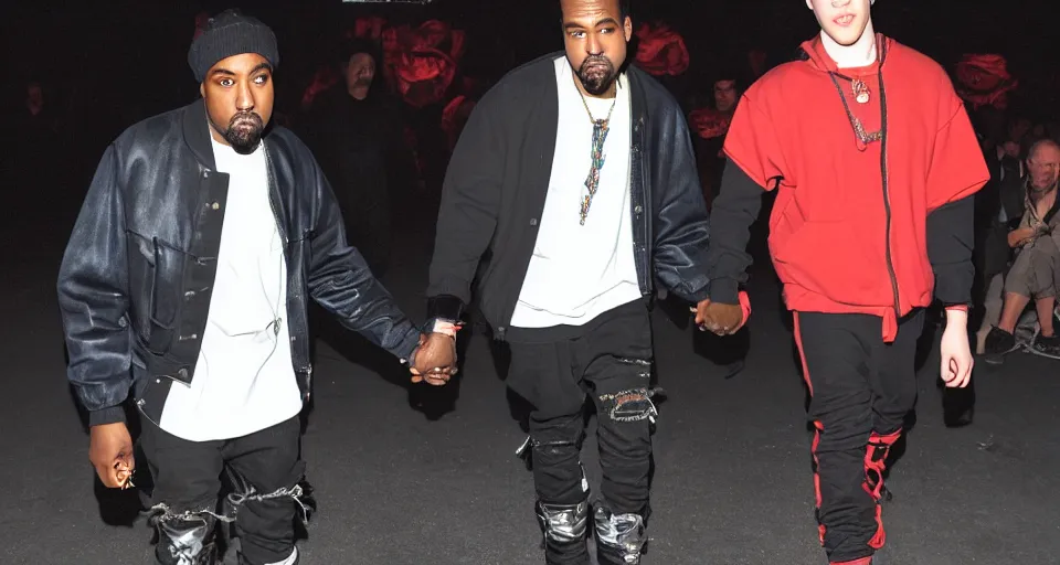 Prompt: kanye and pete davidson holding hands at a circus in the year 4 0 0 0