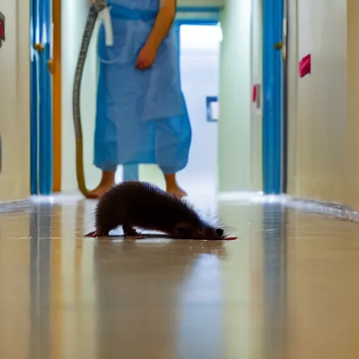 Image similar to a ferret in a hospital gown walking through a hallway from one room to the next dragging an IV on wheels behind it