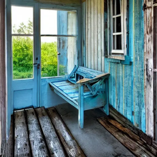 Prompt: seaside wickered furniture, cool morning, open breezeway, blue hour, old weathered wood, solitude and safety forever