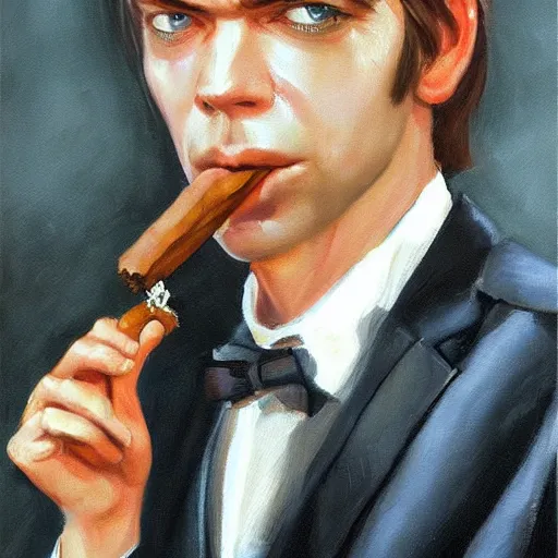 prompthunt: Portrait of Young Hugo Weaving by Greg Rutkowski in a suit  smoking a cigar, Realistic Painting, very detailed, digital painting,  trending on artstation, concept art, smooth, artstation HQ