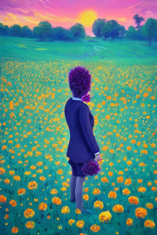 Image similar to closeup, giant flower head, girl in suit standing in a field of flowers, surreal photography, sunrise, blue sky, dramatic light, impressionist painting, digital painting, artstation, simon stalenhag