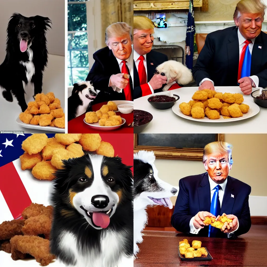 Prompt: Donald trump eating chicken nuggets with a border collie dog, award winning portrait