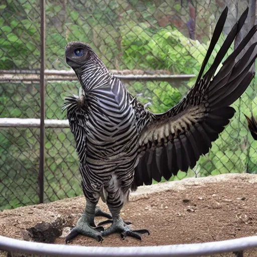 Prompt: real picture of a feathered raptor in a zoo enclosure