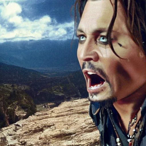 Image similar to johnny depp falling down a cliff with the camera pointing downwards at his face as you can see him scream while falling down the cliff, realistic, movie scene, dramatic, hdr, clear image,