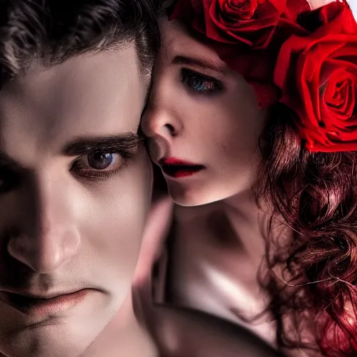 Image similar to handsome vampire holding a beautiful girl, 4 k, professional photograph, romance novel cover