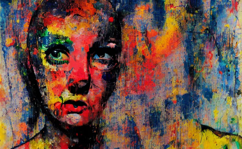 Prompt: beautiful girl, blurred, grotesque, synthetic polymer paint on linen, doomed, acrylic paint, high resolution, gouache on canvas, vibrant colors, grotesque, wrapped thermal background, by mimmo rotella