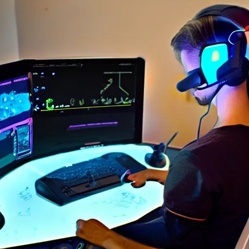 Prompt: an aardvark playing computer games, wearing a gaming headset, illuminated by a monitor screen