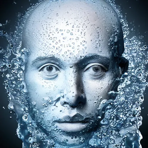 Image similar to icon of a realistic human head made out of water, water art manipulation, dark background