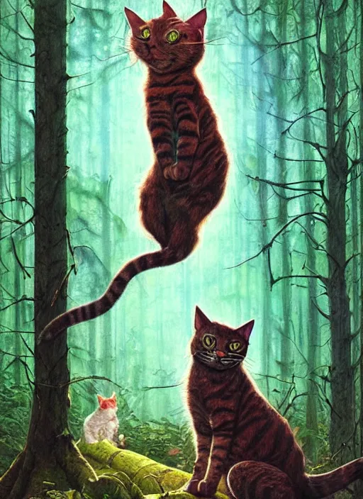 Image similar to a hyper realistic illustrated cat with happy lighting playing in the woods gorgeous lighting, sunbeams blue sky, lush forest foliage painting by chiara bautista and beksinski and norman rockwell and greg rutkowski weta studio, and lucasfilm