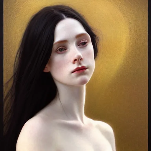 Image similar to Portrait of a beautiful, pale skin, female with long black hair, dark brown narrow-set eyes, faint smile, elegant clothing, photorealistic, highly detailed, artstation, smooth, sharp focus, art by Klimt, artgerm, Greg Rutkowski and Alphonse Mucha natural light, Adobe Lightroom, photolab, Affinity Photo, PhotoDirector 365