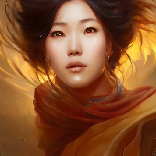 Image similar to asian female wind elemental, lifelike, portrait, highly detailed, digital painting, artstation, concept art, sharp focus, illustration, cinematic lighting, art by artgerm and greg rutkowski and alphonse mucha