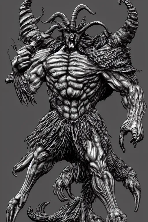 Image similar to humanoid figure monster with goat horns, highly detailed, digital art, sharp focus, trending on art station, kentaro miura manga art style