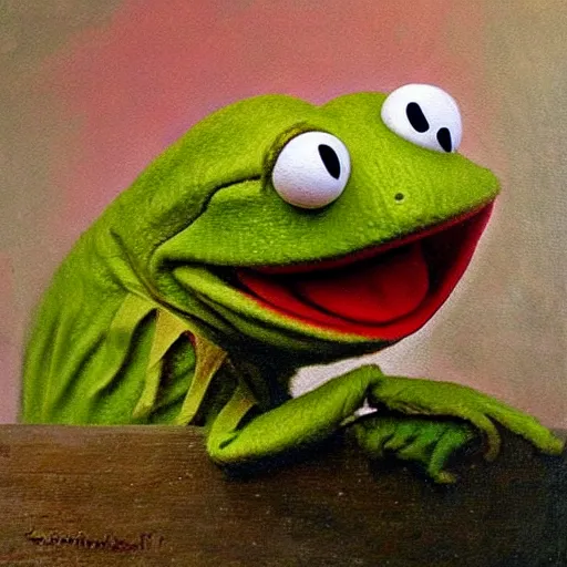 Image similar to photorealistic kermit the frog in an 1 8 5 5 painting by elisabeth jerichau - baumann. painting, oil on canvas