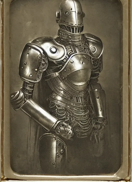 Image similar to old 1 9 th century wetplate daguerreotype portrait of a futuristic silver armored knight district 9 cyborg, fractal, intricate, elegant, highly detailed, subsurface scattering, by jheronimus bosch and greg rutkowski,