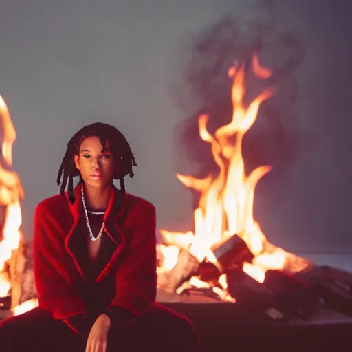 Prompt: realistic! photoshoot for a new chanel lookbook, color film photography, portrait of a beautiful woman, fire in the background, in style of tyler mitchell, 35mm