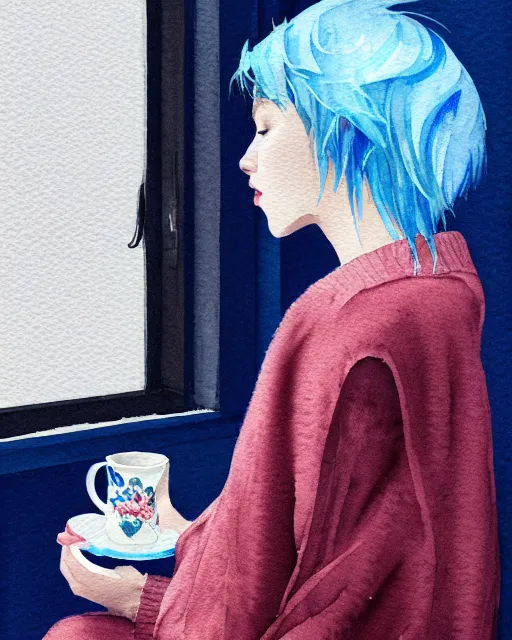 Image similar to watercolor painting of a pretty girl with Blue hair, wearing an oversized sweater, sitting by a windowsill, night, holding a mug of hot tea. In the style of ilya kuvshinov, dramatic lighting, fantasy, intricate, elegant, highly detailed, lifelike, photorealistic, digital painting, bokeh, HDR, high resolution, artstation, concept art, smooth, sharp focus, art by Krenz Cushart and Albert Aublet