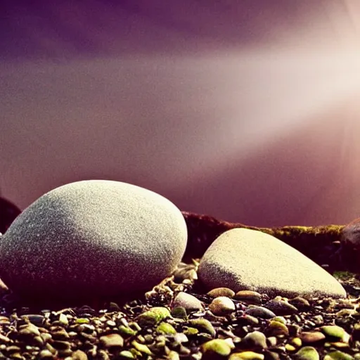 Image similar to a soulful concert as a small cute adorable pebble rock stone sings a lullaby before the heat death of the universe, wide shot, landscape, god rays, spot light, cinematic lighting, celestial, animism, so nice, so nice