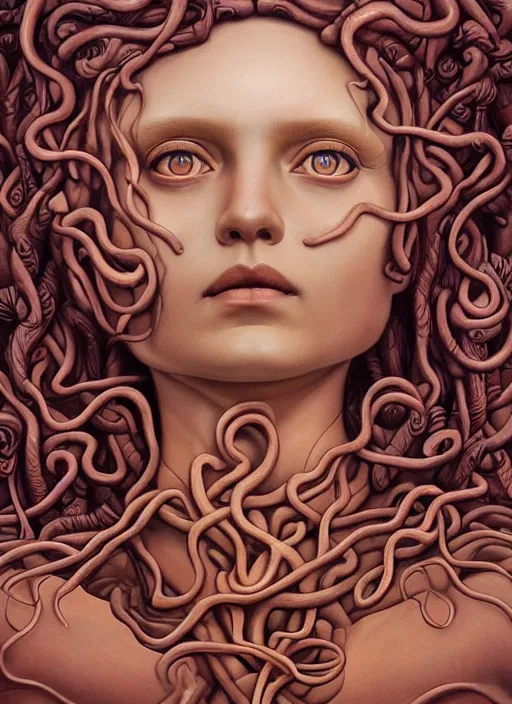 Prompt: medusa made of wax, wooden art nouveau swirls, strong subsurface scattering, in the style of james jean and tomasz alen kopera, mystical colors, rim light, soft lighting, 8 k, stunning scene, raytracing, octane render, trending on artstation