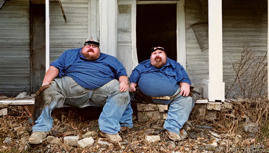 Prompt: close up portrait of fat redneck man sitting on front porch of dilapidated house, award winning, kodak gold 2 0 0,