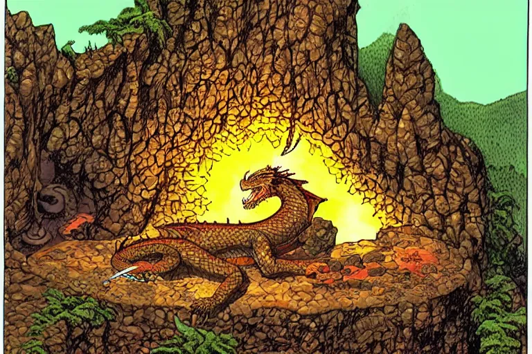 Image similar to dragon sleeping on a mountain of treasure in a big cavern, by Larry Elmore