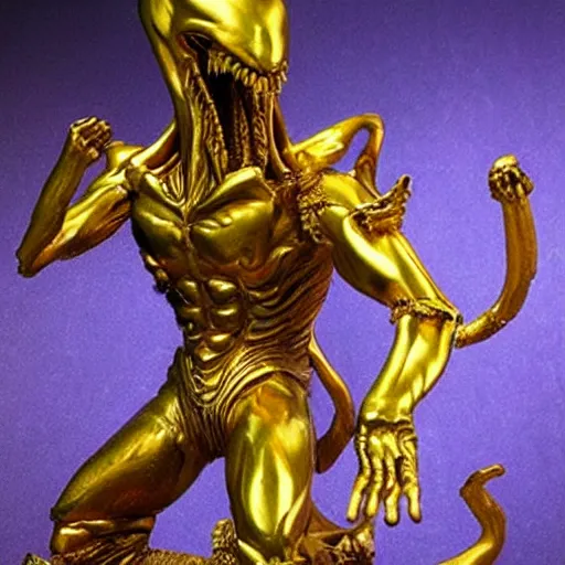 Image similar to an ancient gold xenomorph statue