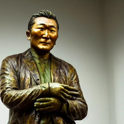 Image similar to close up shot of an old bronze patina statue of takeshi kitano in a museum