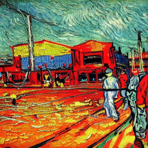 Prompt: fiery pit lane accident. painted by van gogh. bright colors . extreme heat
