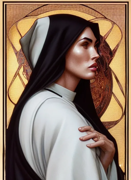 Image similar to portrait of megan fox as a sultry nun, catholic, church, bible, christian, intricate, headshot, highly detailed, digital painting, artstation, concept art, sharp focus, cinematic lighting, illustration, art by artgerm and greg rutkowski, alphonse mucha, cgsociety