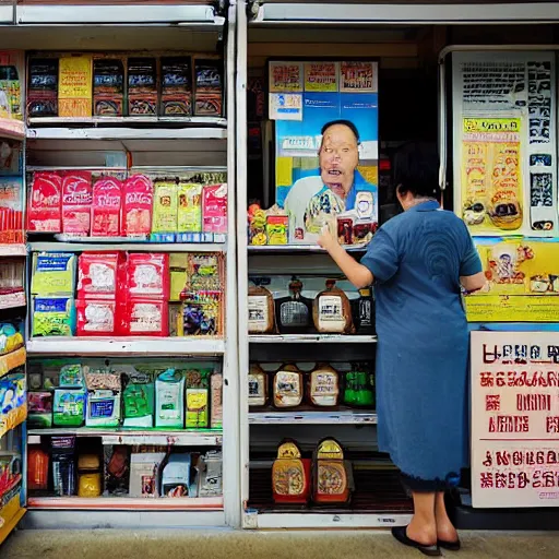 Image similar to a middle - aged woman working at an old convenience store in singapore, award - winning photography