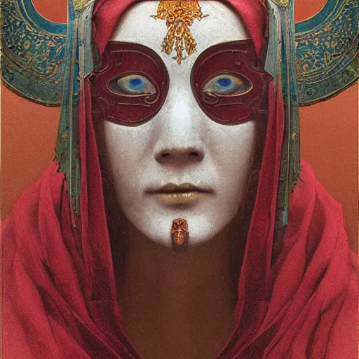 Image similar to portrait of masked Byzantine Tang Dynasty dancer on the art deco streets of the Undying Empire city of ya-Sattra during the Festival of Masks, award-winning realistic sci-fi concept art by Beksinski, Bruegel, Greg Rutkowski, Alphonse Mucha, and Yoshitaka Amano