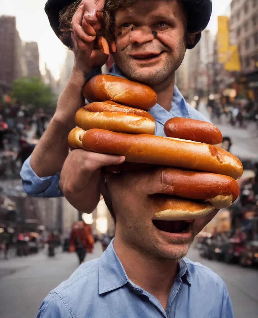 Image similar to closeup portrait of a man carrying a giant hotdog on his shoulder in a smoky new york back street, by Annie Leibovitz and Steve McCurry, natural light, detailed face, CANON Eos C300, ƒ1.8, 35mm, 8K, medium-format print