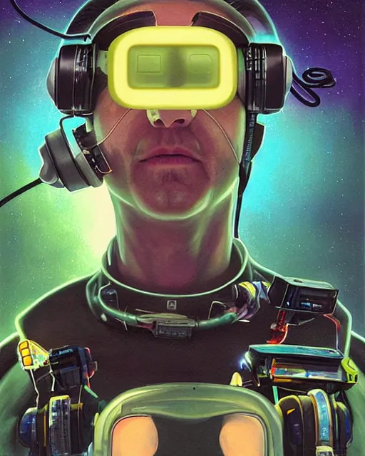 Image similar to sloth as future coder man looking on, sleek cyclops display over eyes and sleek bright headphoneset, neon accent lights, holographic colors, desaturated headshot portrait digital painting by dean cornwall, rhads, john berkey, tom whalen, alex grey, alphonse mucha, donoto giancola, astronaut cyberpunk electric