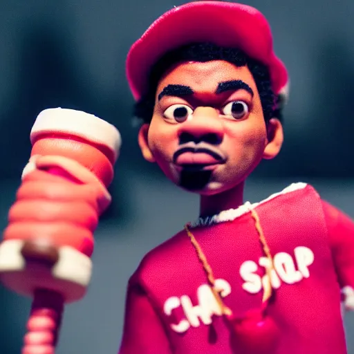 Image similar to a cinematic film still of a claymation stop motion film starring chance the rapper as a college student, shallow depth of field, 8 0 mm, f 1. 8